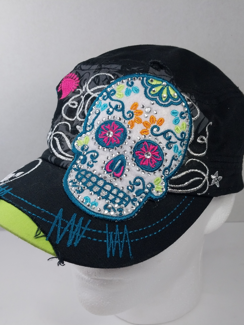 Leader Sugar Skull Embroidered Rhinestone Distressed Cadet Hat Adjustable cap